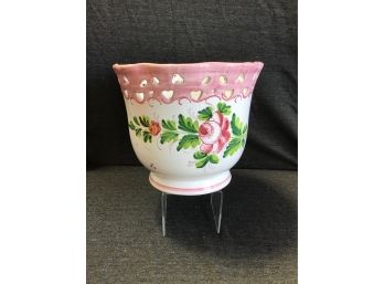 Pink And White Floral Bowl/planter Made In Italy