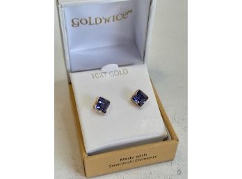 14KT Gold Clutch 10KT Gold Earrings With Blue Swarovski Elements