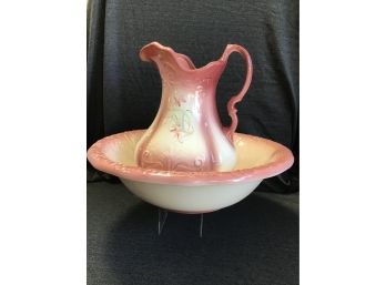 Ironstone Pink And White Floral Pitcher And Basin