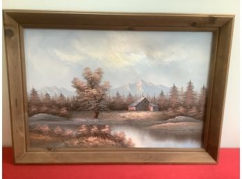 Framed Oil Painting Of A Barn By The Lake