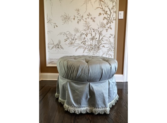 Baker Tufted Ottoman With Fringe In Celedon Sateen On Casters