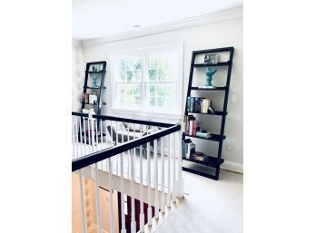 Pair Crate & Barrel Slant Bookcase/Shelves In Slate Grey Finish