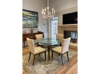 Large Glass Top Table With Four Linen Basket Weave Upholstered Chairs