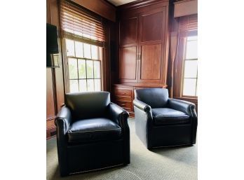 Pair Hickory Joseanne Black Leather Swivel Club Chairs