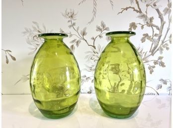 Pair Tall Decorative Chartreuse Glass Vases/vessels