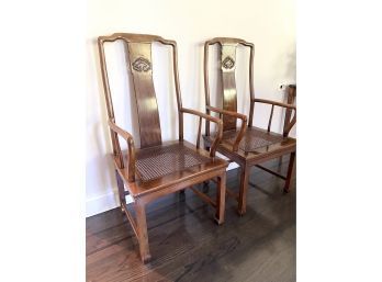 Pair Asian Style Carved Wood Accent Chairs With Caned Seats