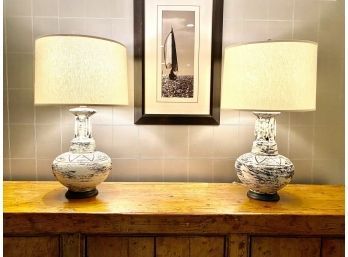 Pair Lovely Contemporary Black & White Pottery Lamps