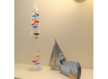 Galileo Glass Thermometer, Pewter Sailboat And Painted Whale
