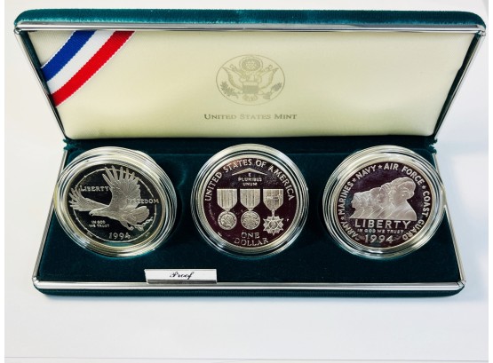 Silver----1994 3 Coin Set - US Veterans Commemorative Silver Proof Dollars W/ Box & COA
