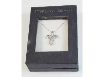 Sterling Silver Modern Designed Cross Pendant And Necklace In Box