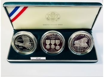 Silver----1994 3 Coin Set - US Veterans Commemorative Silver Proof Dollars W/ Box & COA