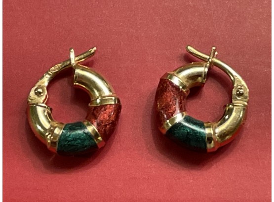 Beautiful 14k 585 Italian Gold Earrings With Lovely Red & Green Accents