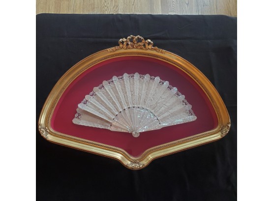 Lovely Antique Mother Of Pearl & Lace Fan Showcased In A Gold Fan Shadow Box Frame