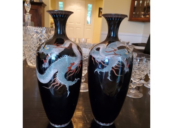Pair Of Vintage Cloisonne Dragon Brass Flower Vases