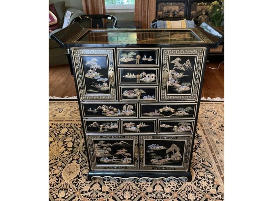 Lovely Vintage Hand Painted / Glossy Lacquered Oriental Wing Top Chest Glass Top, 8 Drawers & 4 Cabinet Spaces