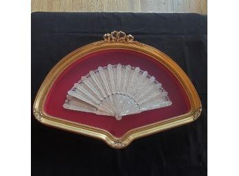 Lovely Antique Mother Of Pearl & Lace Fan Showcased In A Gold Fan Shadow Box Frame