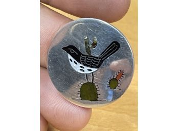 Stunning Sterling Silver Bird & Cactus Pin Pendant With Shell And Stone Inlay A3