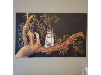 Asian 4 Section Hand Painted Oil On Wood - A Striking Large Owl In A Tree