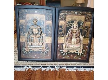 Pair Of Beautiful Asian Royalty Wall Plaques - Hand Crafted / Black Lacquered With Composite Figures In Relief