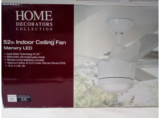 New Unopened In Box  52 In. Indoor Ceiling Fan/light Merwry LED Model # SW1422WH Home Decorators Collection E5