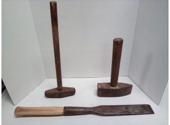 2 Vintage Sledge Hammers And Large Chisel     D2
