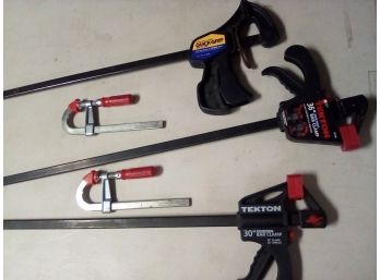 3 Bar Clamps (two 30 In. TEKTON & One 24 In. QUICK-GRIP) & Two BESSEY 2 X 6 Wood Clamps C2