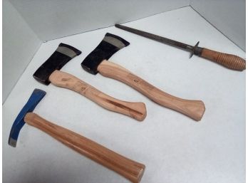 3 Axes - 2 With Blade Covers And One With Curve On One Side &  Wood Handled Blade Sharpener               D3