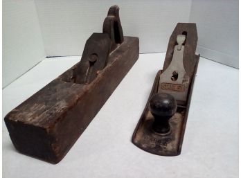 Two Vintage Wood Planers - One Wood Block & Handle Wth Metal Blade(s) & Other Is A Stanley (Bailey) USA C3