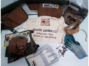 Lot Of 4 Tool Belts  For Ladder Or Saw Horse), 1 Suede Clip On Pouch, 2 Work Gloves & Some Star Screws  C2