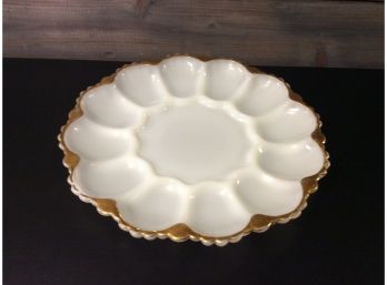 Vintage White Glass With Gold Trim Deviled Egg Serving Plate - H