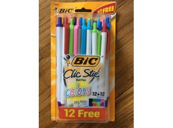 Package Of 24 Bic Clic Stic Ball Pen Multi Colored Pens NEW In Package - L