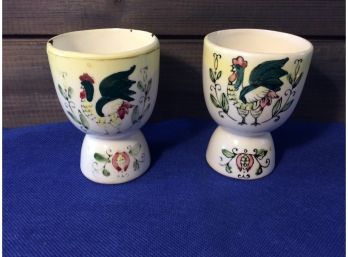 Vintage Double Egg Cup Rooster Folk Art Set - K
