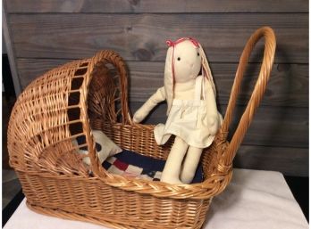 Vintage Wocker Basket/Bassinet With Vintage Rabbit Plush Doll - H