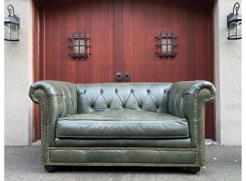 Custom Green Leather Rolled Arm Chesterfield Sofa With Nailhead Accents By Expressions Custom Furniture