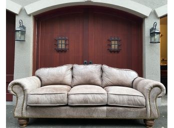 Sueded Leather Sofa With Rolled Arms Nailhead Accents On Bun Feet By Leathercraft For Wayside Furniture