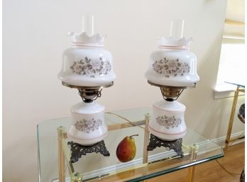 Pair Of Traditional Hurricane Milk Glass Table Lamps.