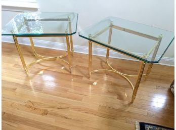 Pair Of Brass Side Tables With Thick Beveled Glass Tops