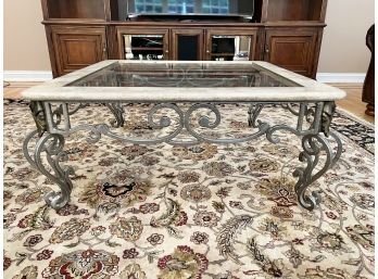 Beveled Glass Top Iron & Tessellated Marble Coffee Table
