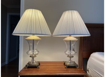 Elegant Pair Of Glass Urn And Brass Footed Table Lamps