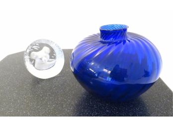 Blue Art Glass Signed Lutz? And Bear Paperweight