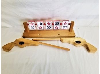 Two Vintage Wooden Rubber Band Toy Guns And Target Stand