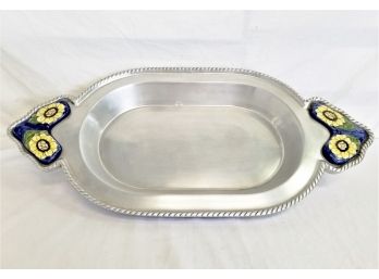 Vintage 1970's Mexican Pewter Rope Tray With Tile Handles