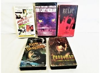 Five VHS Horror Movies The Relic, Candyman, Army Of Darkness , Anaconda, Africa Blood And Guts