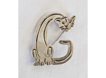 Vintage Silver Cat Brooch Pin Letter 'G' Alphabet Series
