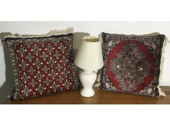 White Ceramic Lamp & 2 Pillows, Tapestry Suede Fabric.