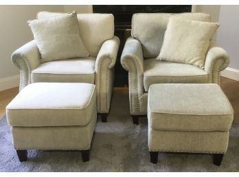PR. Light Grey Suede Studded Chairs & Matching Ottomans
