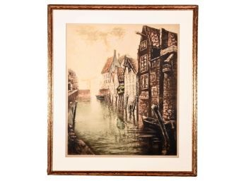 Signed Framed Color Aquatint Lithograph Depicting A Canal Scene