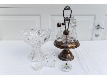 Waterford Harp And Paperweight, Cut Glass Two Piece Pedestal Bowl And Silver-plate Condiment Set
