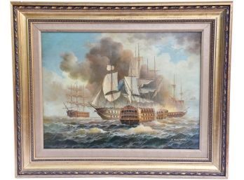 Signed J. Pointhier Framed Print Of A Maritime Sea Battle Scene