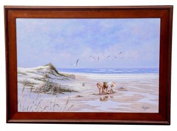 Signed Winston Framed Canvas Art Depicting Children Playing On The Beach